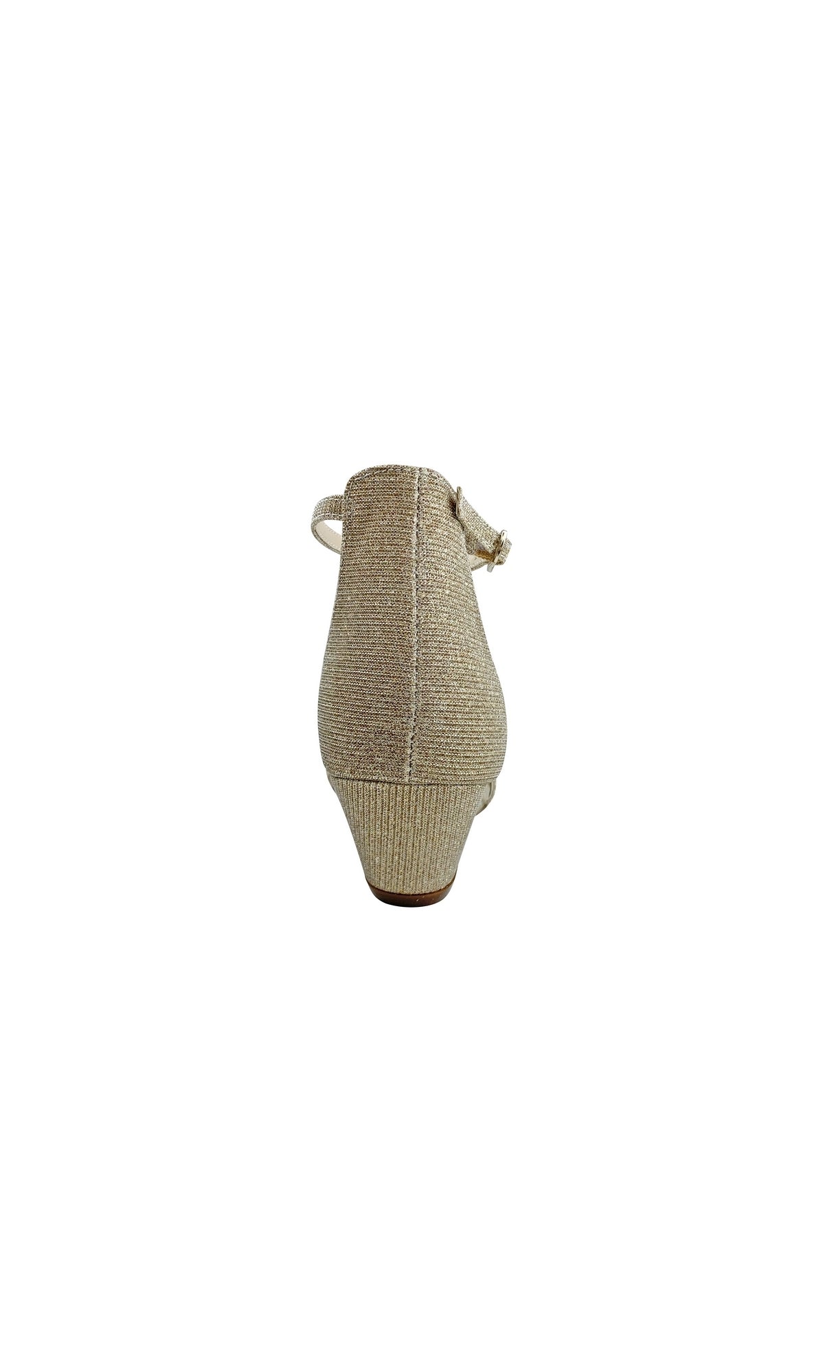Rear view of a single Beatrix Champagne Low Wedge Prom Shoe 4538 with an ankle strap, set against a plain white background.